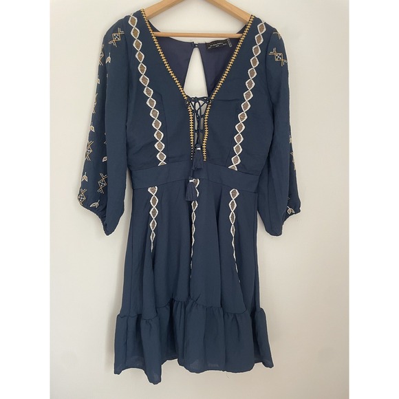 Dress Forum M Navy Embroidered Corset Tie Front Short Boho Hippie Alpine Oktober - Picture 9 of 16